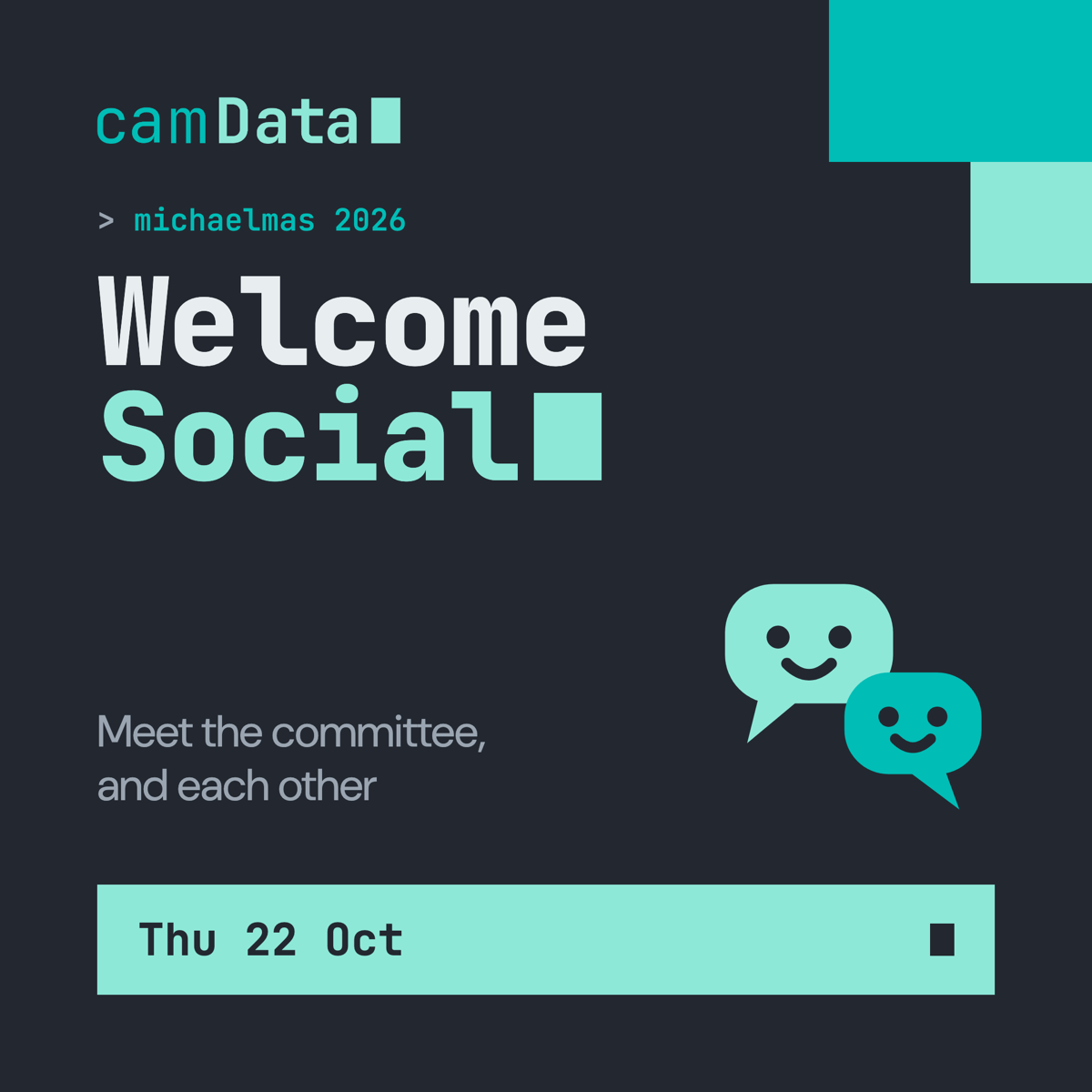 Welcome Social, Thu 22 Oct: meet the committee, and each other. Register on Luma